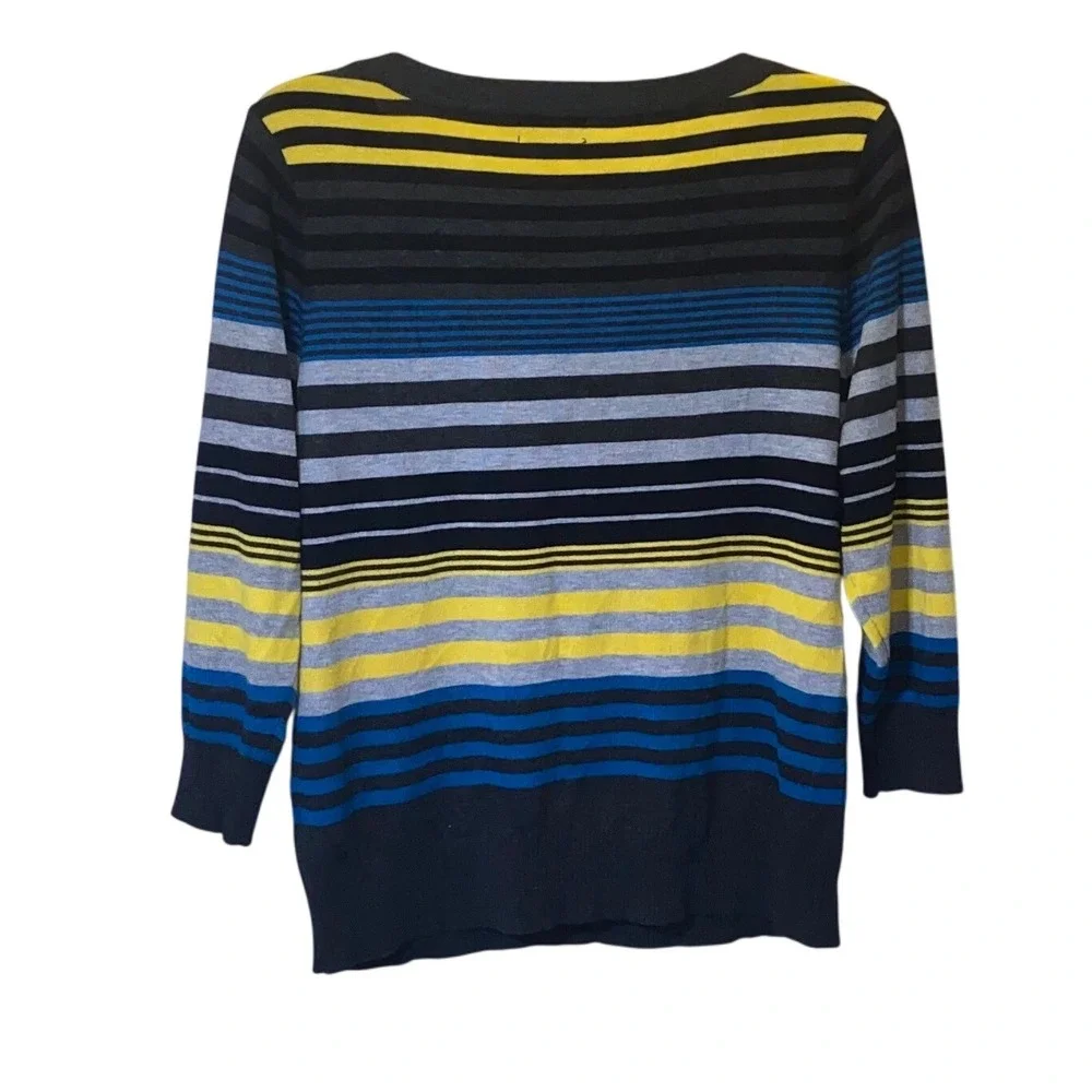 Joseph A Petite Sweater Striped Gray Blue Yellow Knit 3/4 Sleeve Top‎